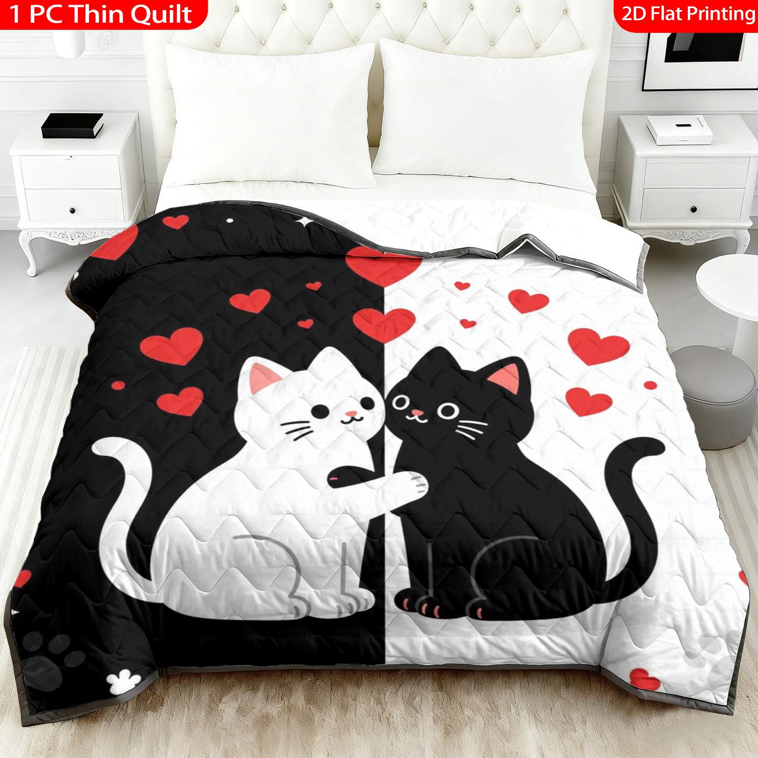 TEMU 1pc Thin Quilt 2d Flat Print Black White Cat Hugging Heart Pattern Machine Washable And Resistant To Deformation Suitable, In Multiple Sizes,