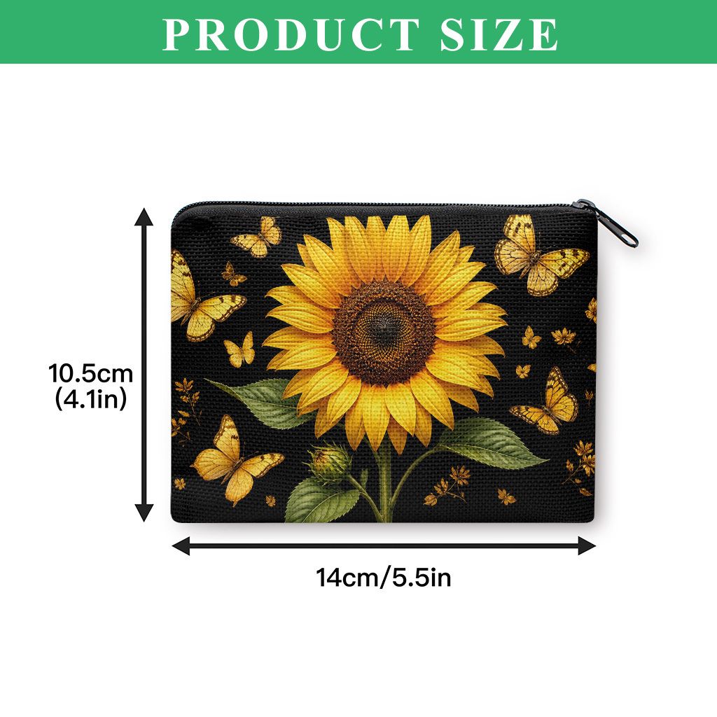 TEMU Coin Purse, Sunflower With Butterflies Fluttering Coin Purse, Small Portable Key Earphone Storage Bag, Zipper Closure, Handy Card Holder,