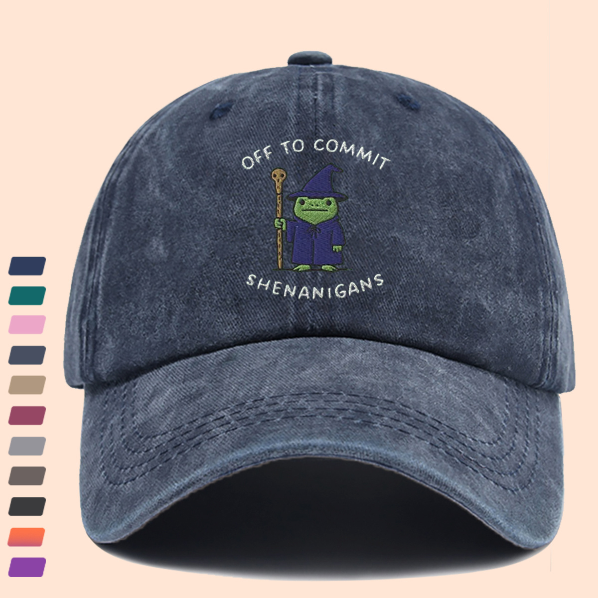 Wizard Frog Baseball Cap with "OFF to COMMIT SHENANIGANS" Text