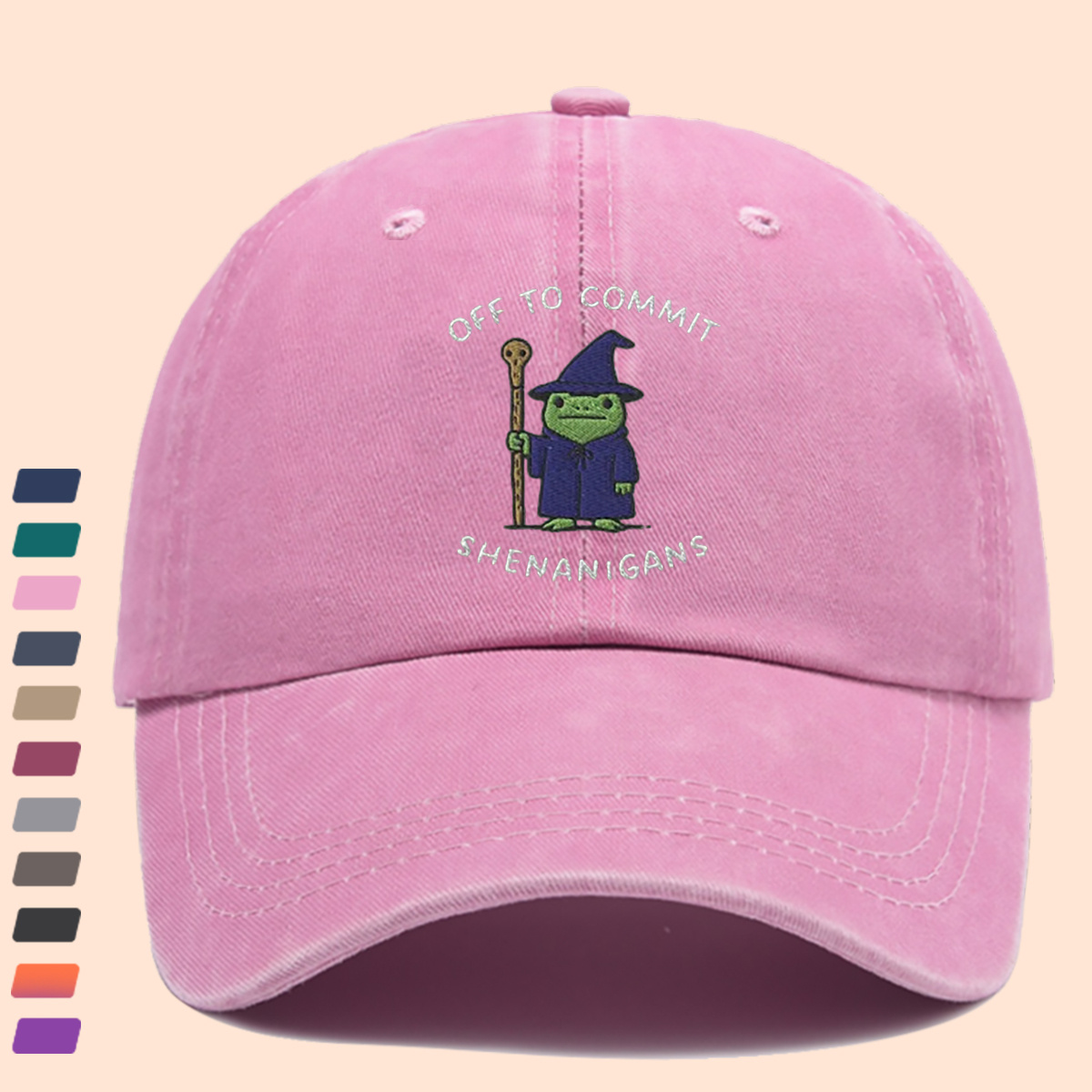 Wizard Frog Baseball Cap with "OFF to COMMIT SHENANIGANS" Text