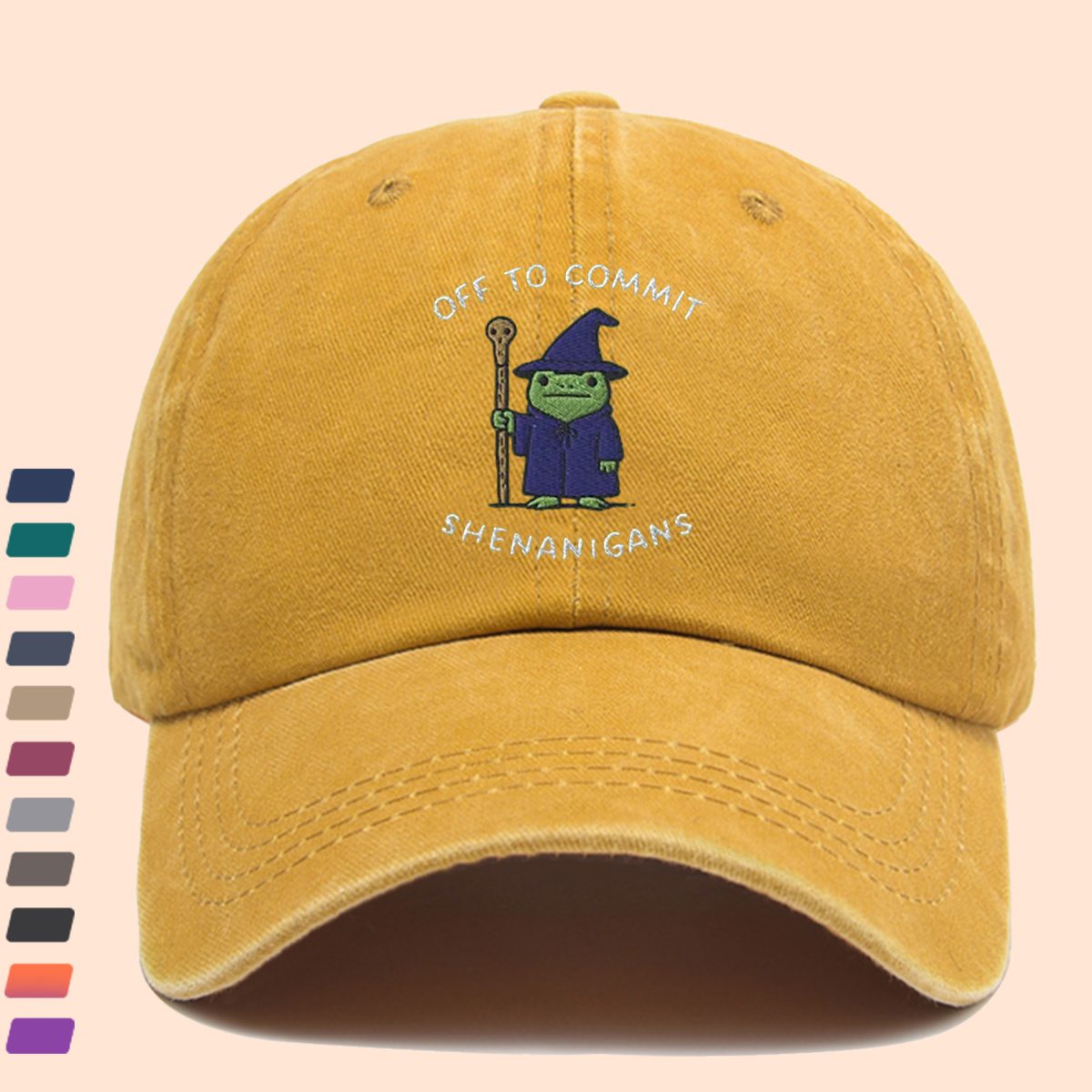 Wizard Frog Baseball Cap with "OFF to COMMIT SHENANIGANS" Text