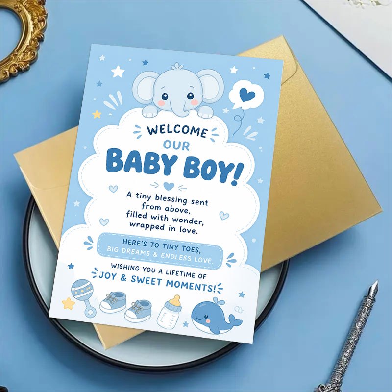 Adorable Blue Elephant Celebration Greeting Card with Envelope