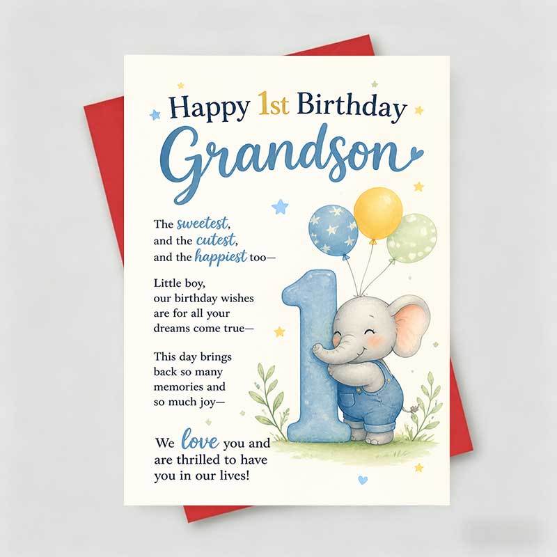 TEMU 1 Greeting Card And 1 Envelope Sweet 1st Birthday Greeting Card, Cute Elephant With Balloons And , "happy 1st Birthday Grandson", Ideal For