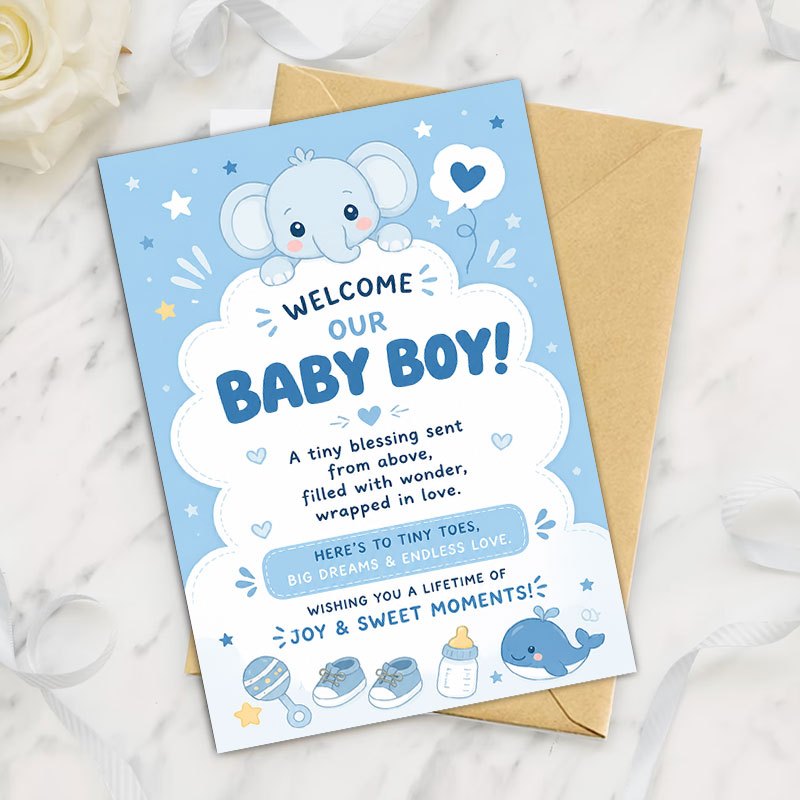 Adorable Blue Elephant Celebration Greeting Card with Envelope