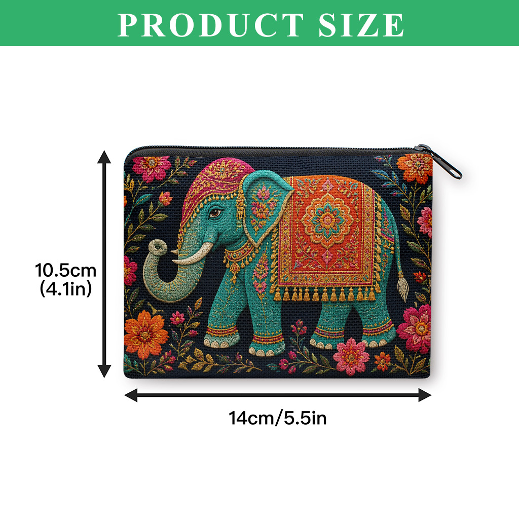 TEMU Coin Purse, Patterned Elephant Surrounded Flowers Coin Purse, Small Portable Key Earphone Storage Bag, Zipper Closure, Handy Card Holder,