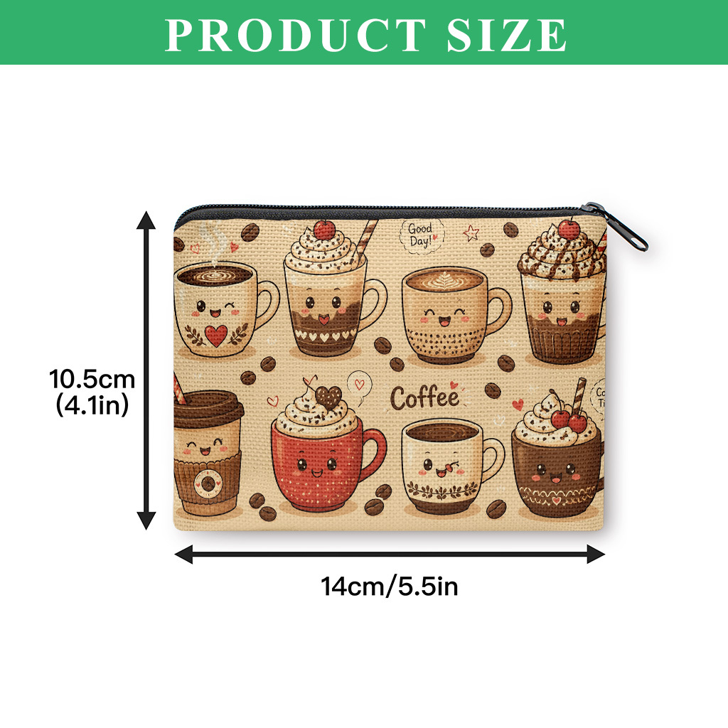 TEMU Cute Coffee-themed Coin Purse Suitable For , Zipper Closure Portable Wallet With Card Holder & Coin Storage Bag, Compact Key/earphone Holder,