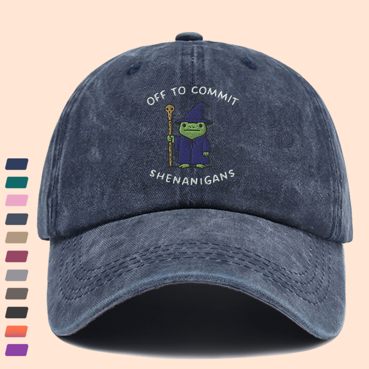 Wizard Frog Baseball Cap with "OFF to COMMIT SHENANIGANS" Text