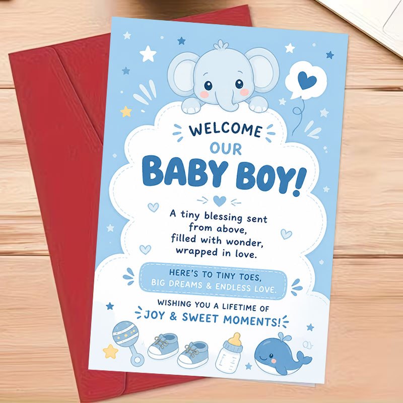 Adorable Blue Elephant Celebration Greeting Card with Envelope
