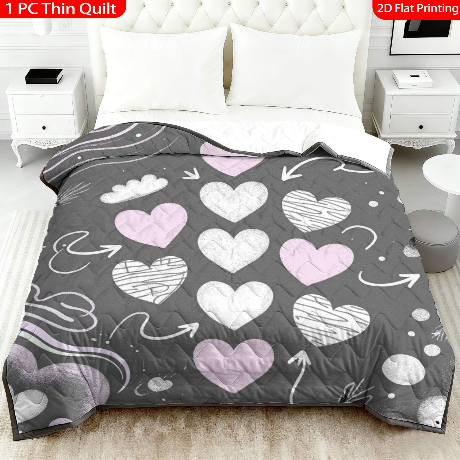 TEMU 1pc Thin Quilt 2d Flat Print Heart Pattern Pink White Gray Machine Washable And Resistant To Deformation Suitable, In Multiple Sizes, Suitable