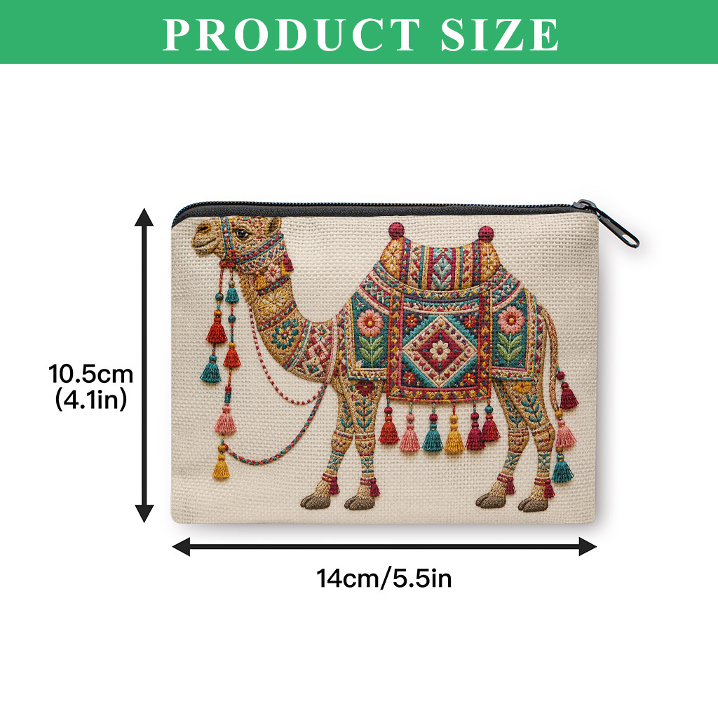 TEMU Coin Purse, Camel With Colorful Decorations Coin Purse, Small Portable Key Earphone Storage Bag, Zipper Closure, Handy Card Holder, Lightweight,