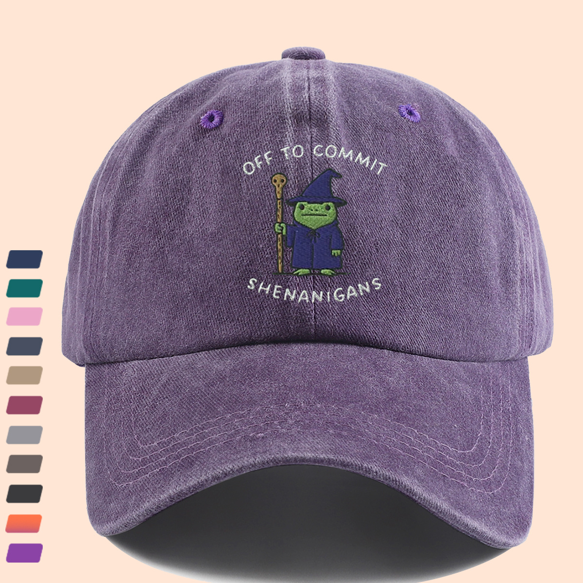 Wizard Frog Baseball Cap with "OFF to COMMIT SHENANIGANS" Text