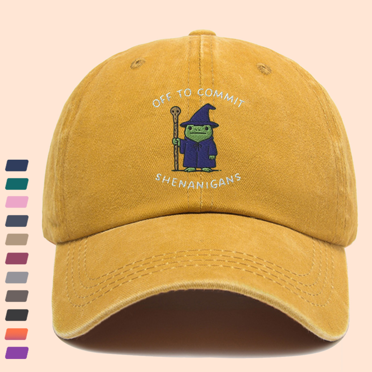 Wizard Frog Baseball Cap with "OFF to COMMIT SHENANIGANS" Text
