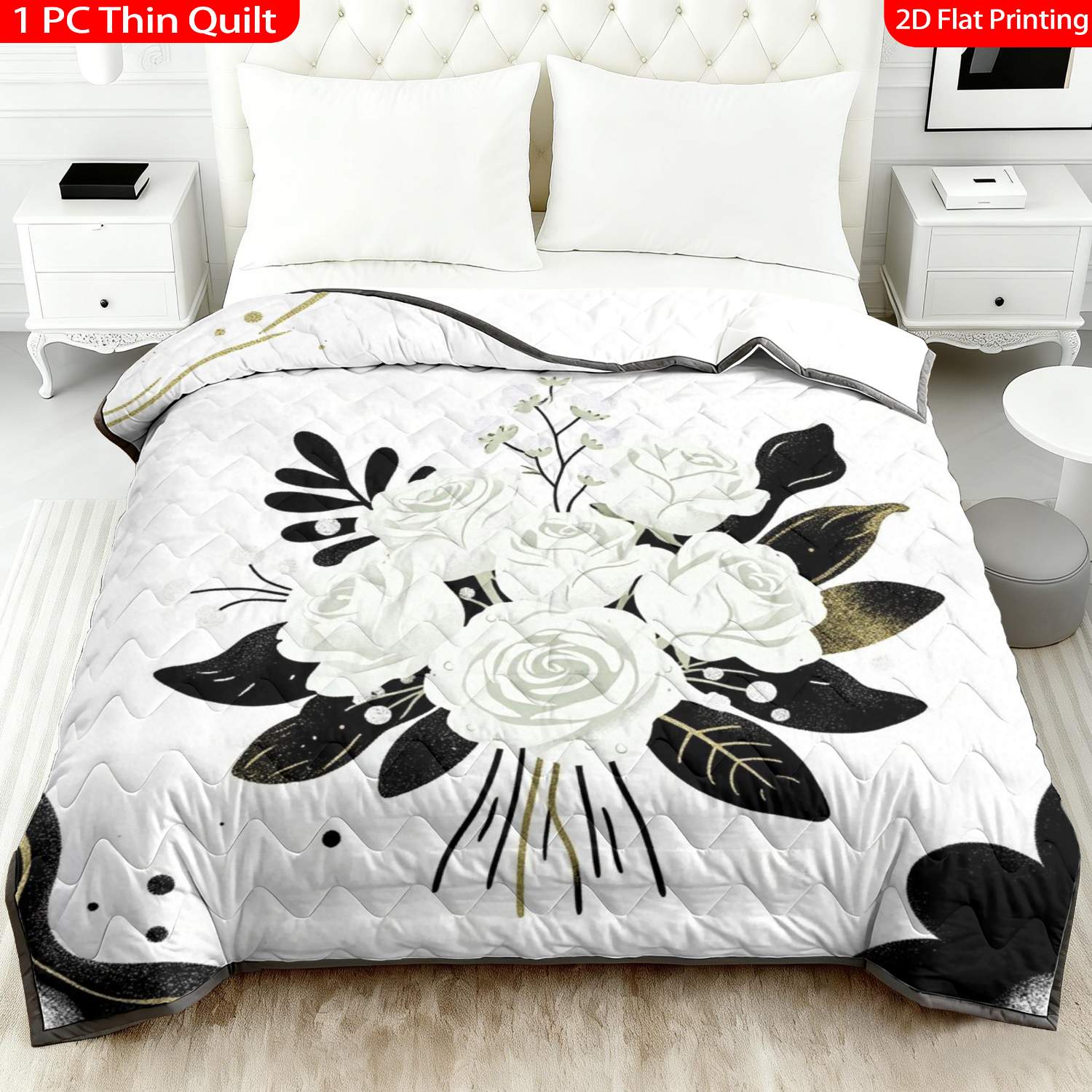 TEMU 1pc Thin Quilt 2d Flat Print White Roses Black Leaves Golden Accents Machine Washable And Resistant To Deformation Suitable In Multiple Sizes,