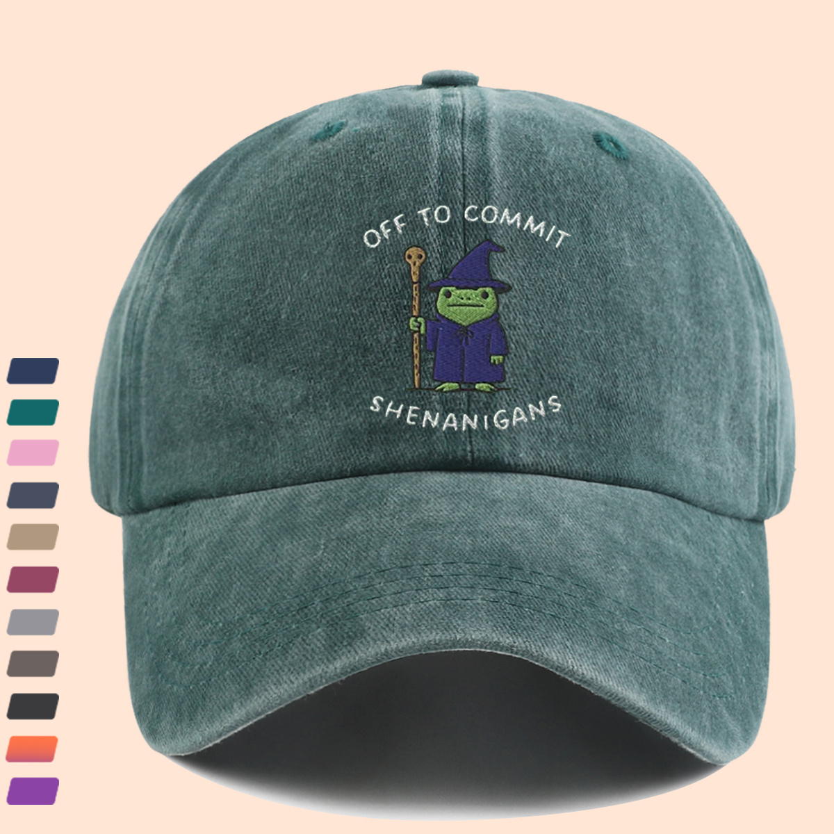 Wizard Frog Baseball Cap with "OFF to COMMIT SHENANIGANS" Text