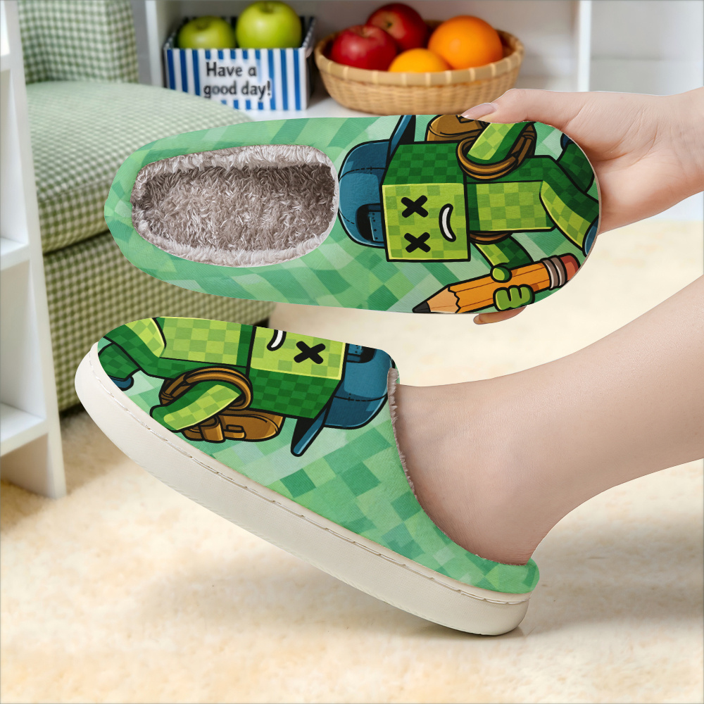 TEMU [printed Design-not Textured]-fashionable Home Slippers, Printed With Character Wearing A , Carrying A Brown Backpack, And Holding A Yellow