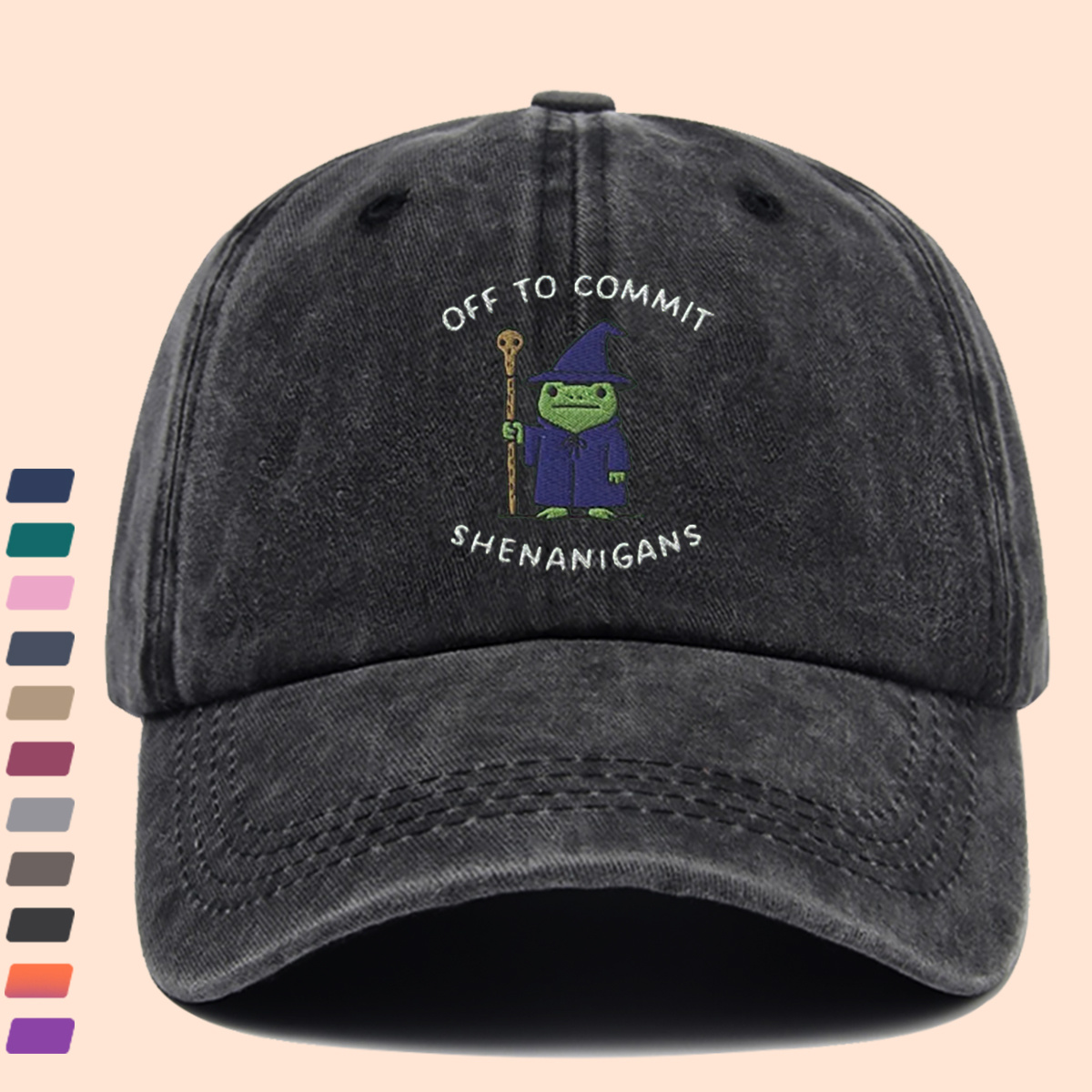 Wizard Frog Baseball Cap with "OFF to COMMIT SHENANIGANS" Text