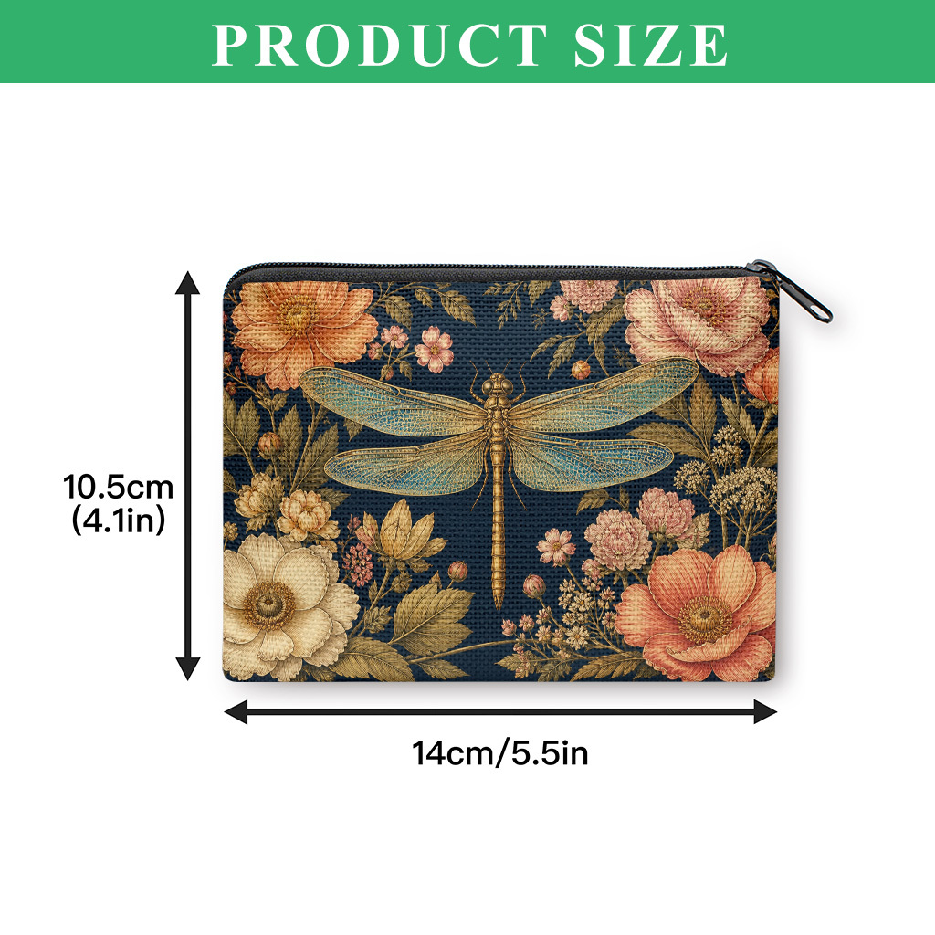 TEMU Coin Purse 1pc, Dragonfly And Flowers Shine Coin Purse, Small Portable Key Earphone Storage Bag, Zipper Closure, Handy Card Holder, Lightweight,