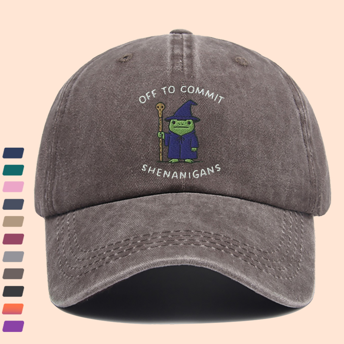 Wizard Frog Baseball Cap with "OFF to COMMIT SHENANIGANS" Text