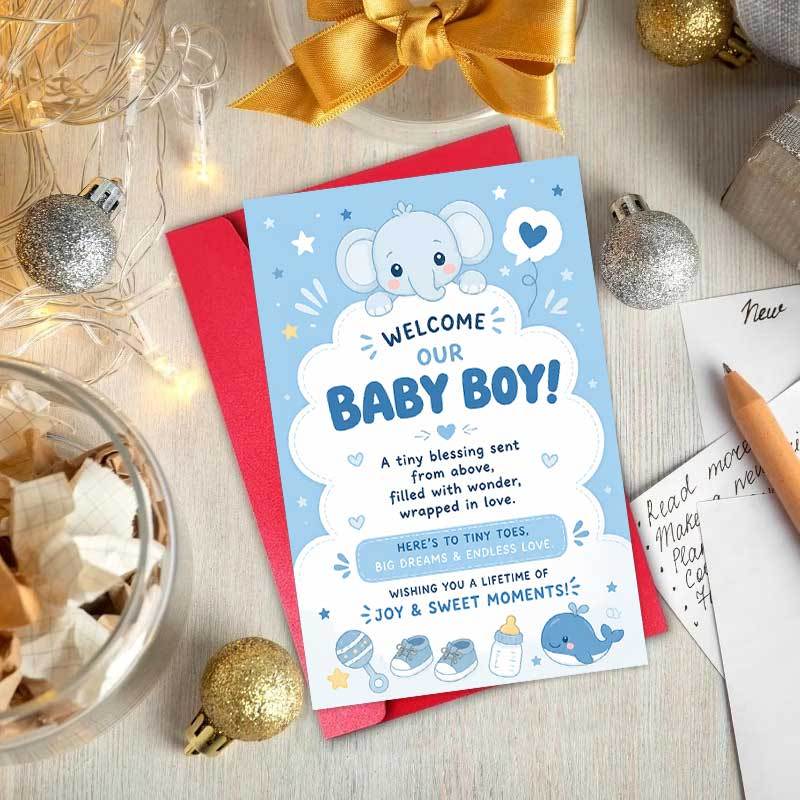 Adorable Blue Elephant Celebration Greeting Card with Envelope
