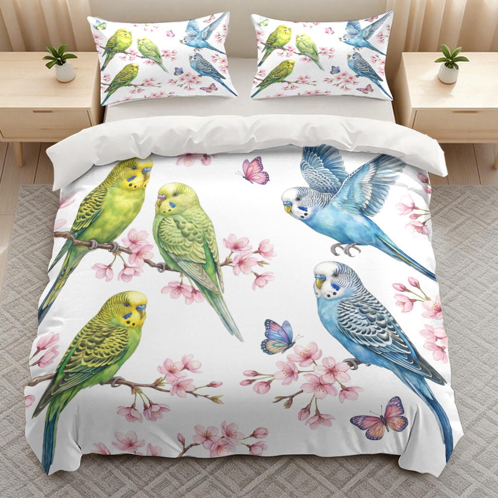 TEMU 3pcs Budgie Birds Flowers Butterflies Themed Bedding Quilt Cover Duvet Cover, Trendy Breathable Soft Bedding (1*duvet Cover And 2*pillowcases)