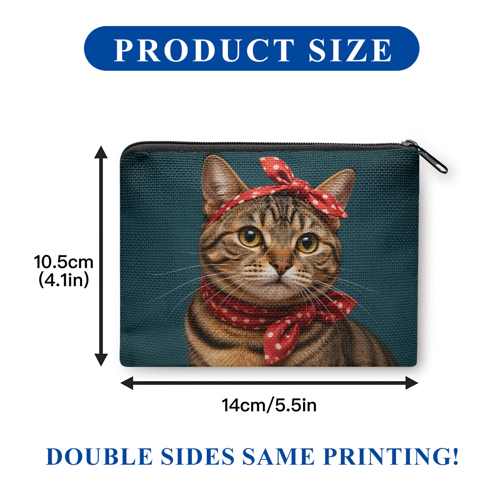TEMU 1 pieza, con estampado de gato adorable con bufanda por lados, bolsa para guardar llaves y monedas, neceser portátil con cremallera, bolso de ,