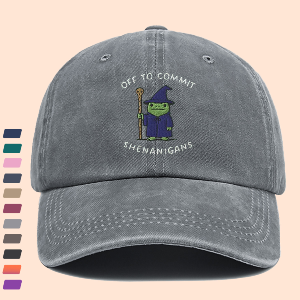 Wizard Frog Baseball Cap with "OFF to COMMIT SHENANIGANS" Text