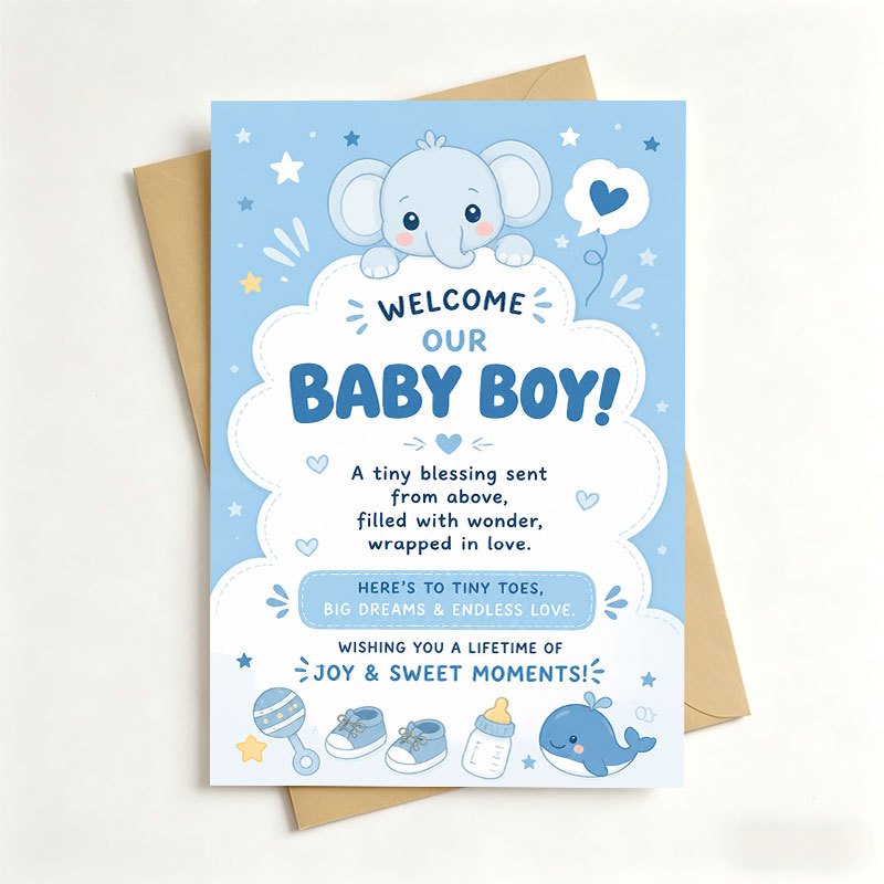 Adorable Blue Elephant Celebration Greeting Card with Envelope