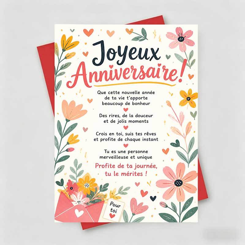 TEMU 1 Carte de vœux + 1 Enveloppe carte de vœux d'anniversaire française, et cœurs, "Joyeux anniversaire et profitez de votre jour", Convient pour