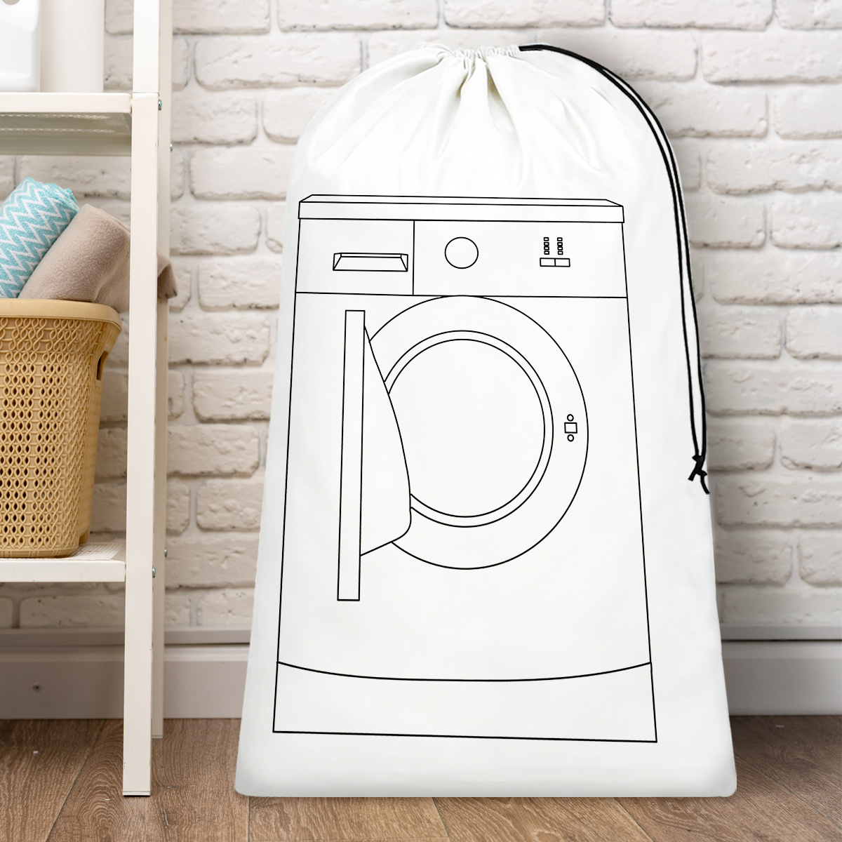 TEMU 1pc 2d Black And White Washing Machine Sketch Clothes Storage Bag, Adjustable Large Capacity, Travel Must Have For Organizing Garments,