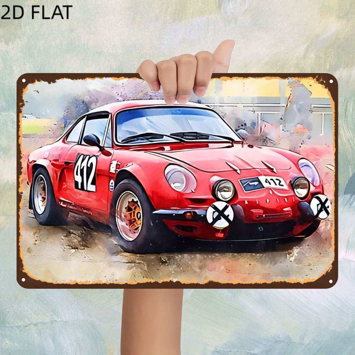 TEMU Plat 2D, Plat 2D, 1 pièce, Voiture de course vintage : Panneau en métal voiture de sport en action, Trous pré-percés, Décoration murale pour
