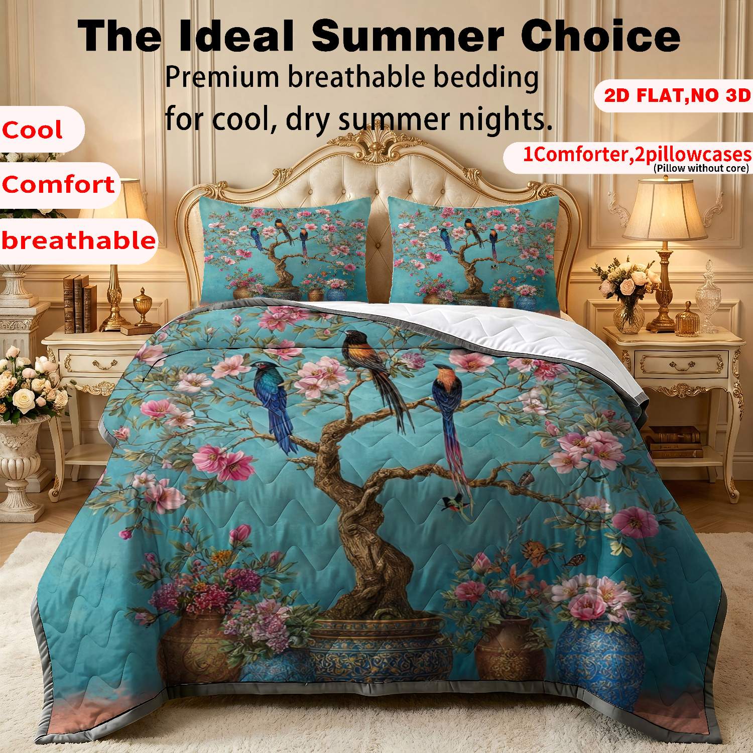 TEMU 2/3pcs Thin Quilt 2d Flat Print Vintage Chinese Bird Peony Pattern Machine Washable And Resistant To Deformation Suitable, In Multiple Sizes,