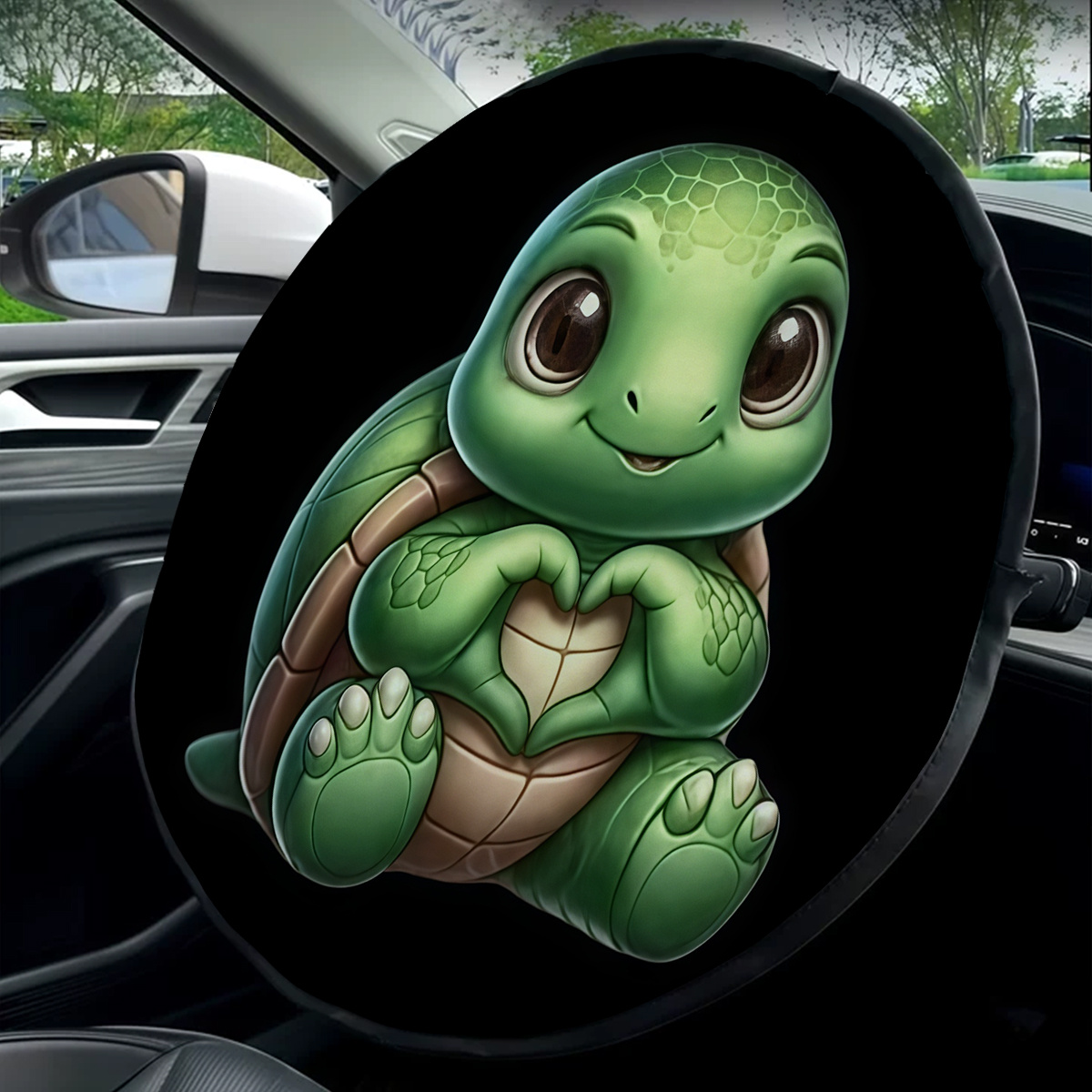 Image of Cute Turtle With Heart-shaped Gesture Car Steering Wheel Sunshade Cover, Cartoon Style, Perfect For Summer To Damage And Heat, Fitting, Suitable For All Types Of Vehicles, Blocks