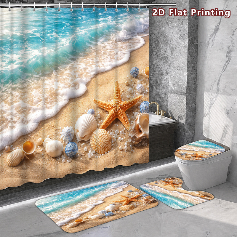 4pcs Coastal Beach Shower Curtain & Bath Mat Set with Hooks, Turquoise Ocean Wave