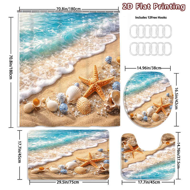4pcs Coastal Beach Shower Curtain & Bath Mat Set with Hooks, Turquoise Ocean Wave