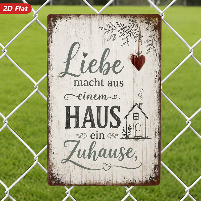 TEMU 2d Flat, 1pc Metal Sign Wall Art, German - Text Wall Art, Heart And House Motif, Rustic Style, Home Decor, Suitable For Living Room, Bedroom,