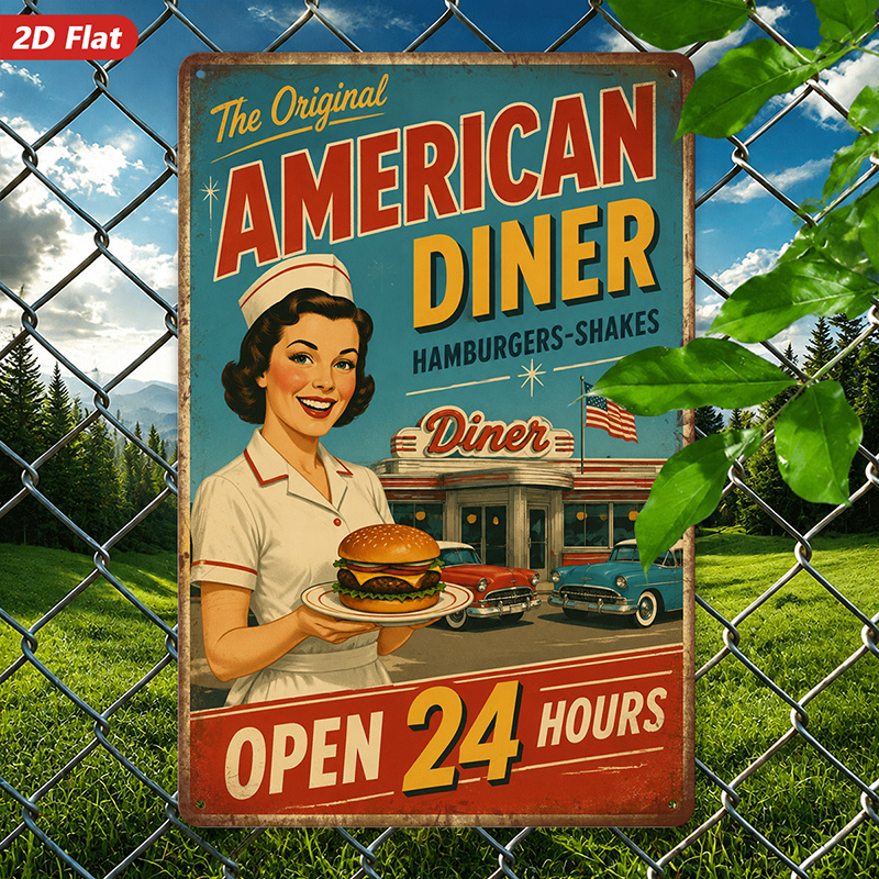 TEMU 2d Flat, 1pc Metal Sign Wall Art, Vintage American Diner - American Diner Sign Decor, Retro Style, For Bar, Restaurant, Home Decor, Safe Rounded