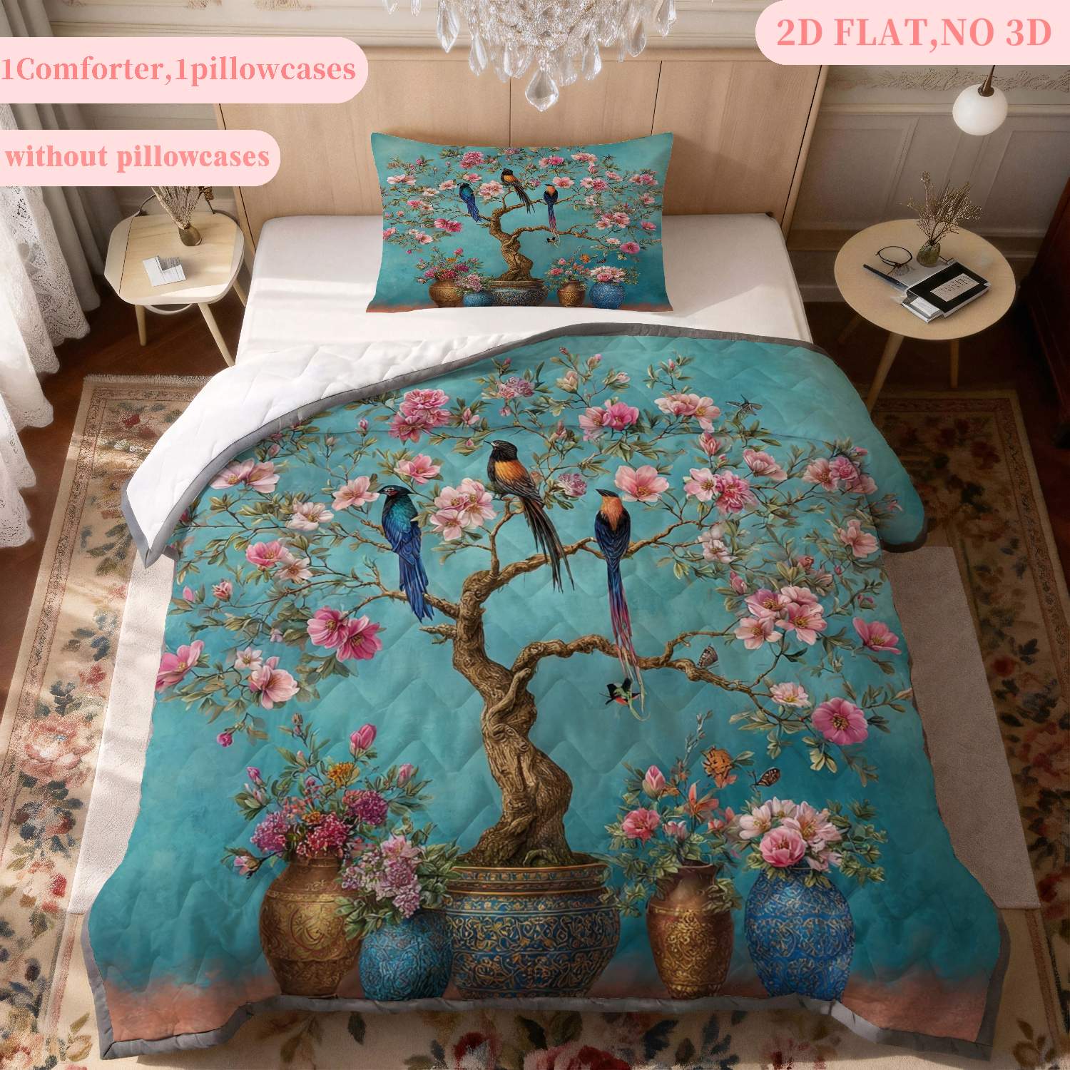 TEMU 2/3pcs Thin Quilt 2d Flat Print Vintage Chinese Bird Peony Pattern Machine Washable And Resistant To Deformation Suitable, In Multiple Sizes,