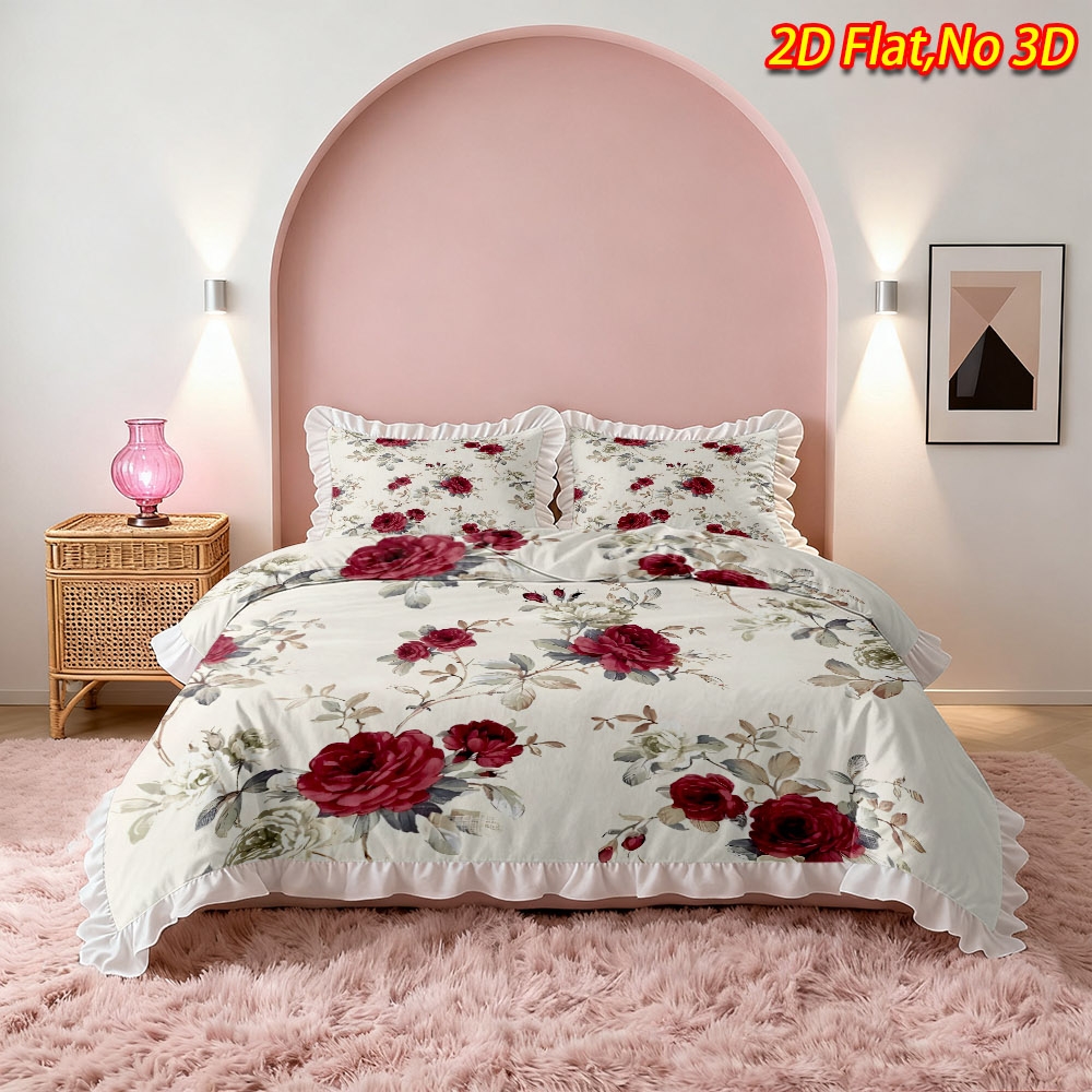 TEMU 2/3pcs 2d Flat Printing New Arrival Vintage Red And White Rose Floral Pattern Ruffle Design Duvet Cover Set, Multiple Sizes , Skin-friendly And