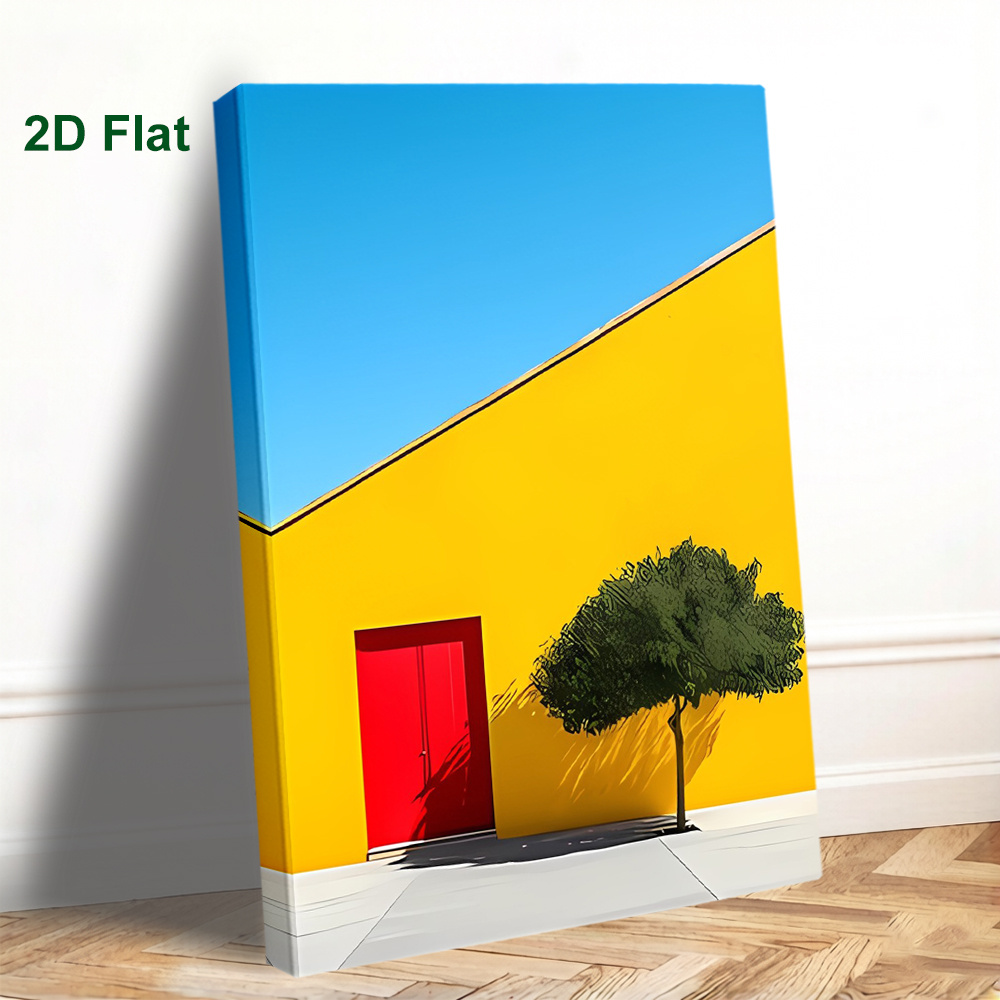 품목 사진 2d 평면, [2d 평면] 1개, 액자형 캔버스 그림, 노란색 벽과 빨간색 문과 초록색 나무 풍경, 거실, 침실, 식당, 서재 및 복도 장식에 적합, 고화질 장식용 벽걸이형 원목 프레임 캔버스 그림, 2d 평면