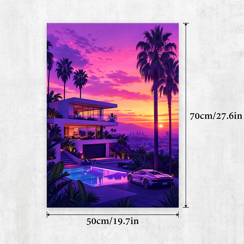 TEMU 2d Flat, 2d Flat 2d/flat, 1pc Wooden Framed Canvas Poster, Sunset Scene, Modern Mansion, Palm Trees, Pool Art, Home Decor, Suitable For Living