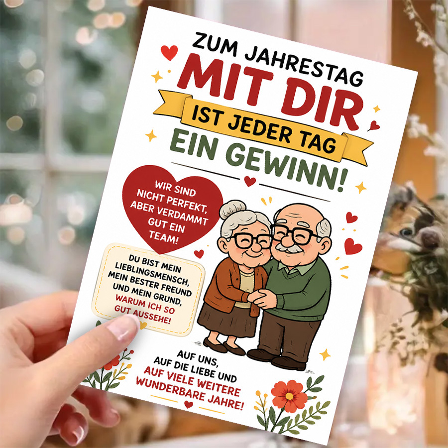 Image of 1 Greeting Card Along With 1 Envelope Romantic Anniversary Greeting Card For Husband Or Wife Featuring A Lovely Elderly Couple Design Perfect For Celebrating Long- Marriage And