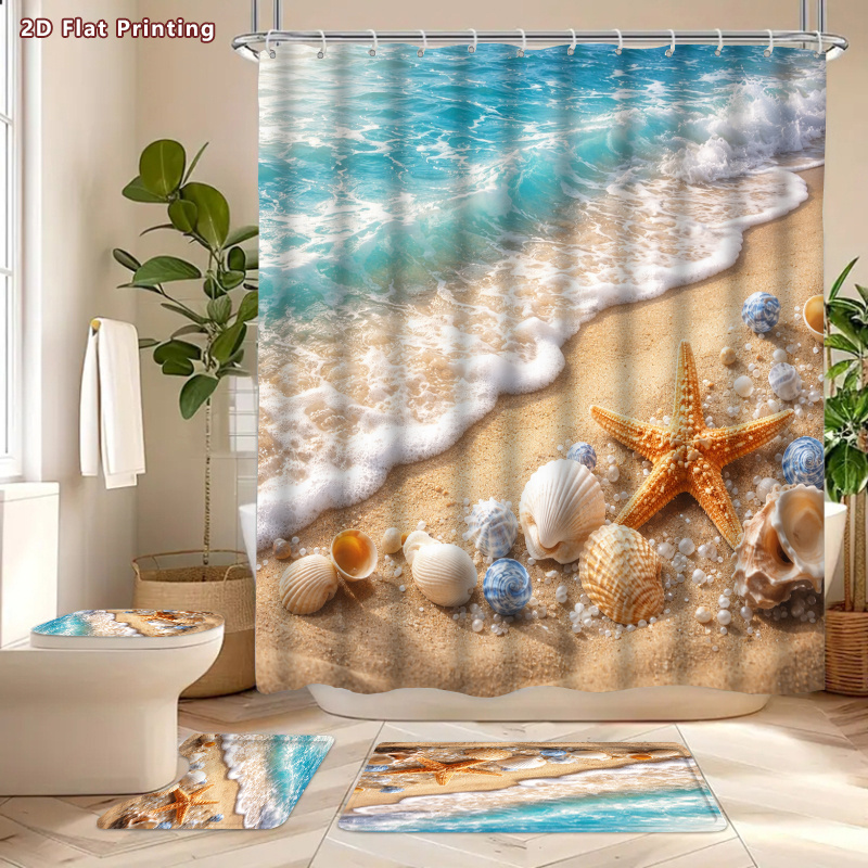 4pcs Coastal Beach Shower Curtain & Bath Mat Set with Hooks, Turquoise Ocean Wave