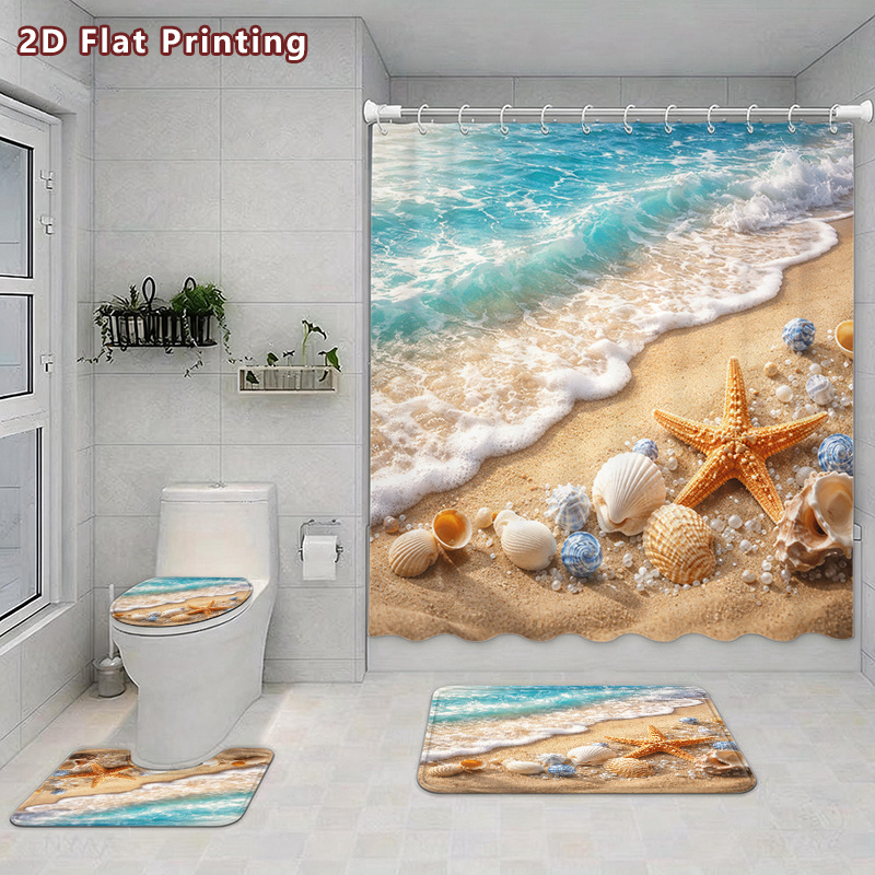 4pcs Coastal Beach Shower Curtain & Bath Mat Set with Hooks, Turquoise Ocean Wave