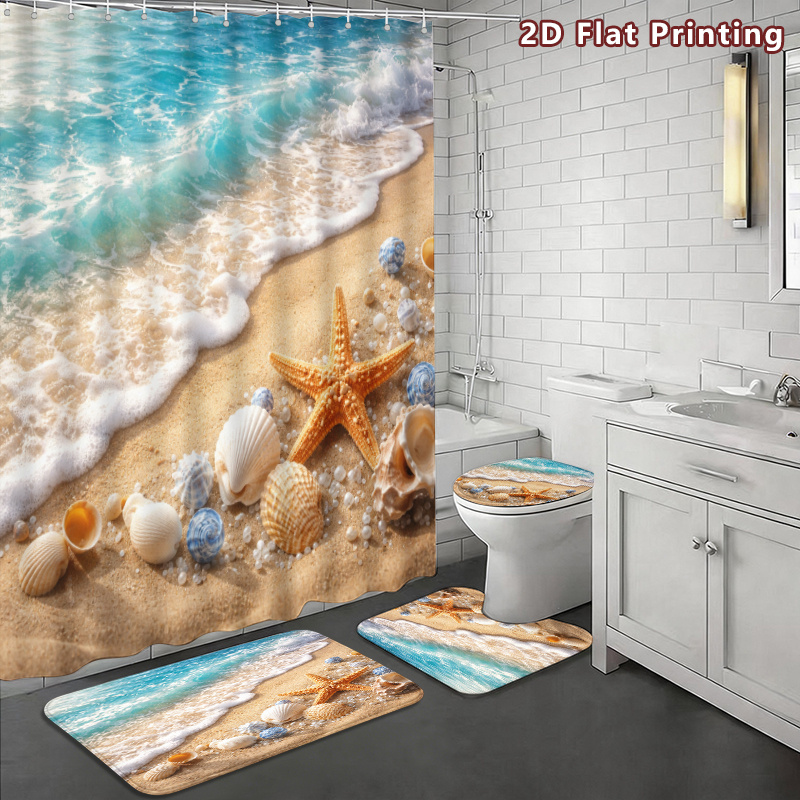 4pcs Coastal Beach Shower Curtain & Bath Mat Set with Hooks, Turquoise Ocean Wave