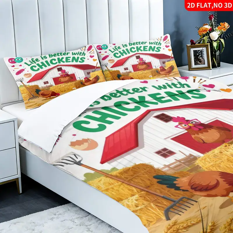2/3 teilig bettbezug bettwäsche landhausstil hühner motiv 2d