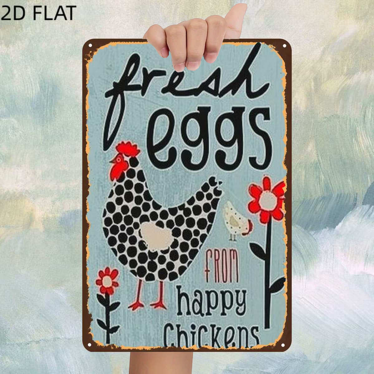 TEMU 2d Flat, 1pc, Vintage Fresh Eggs From Happy Chickens Metal Iron Sign, Pre-drilled Holes, Kitchen, And Office Wall Decoration, Home Decor Metal