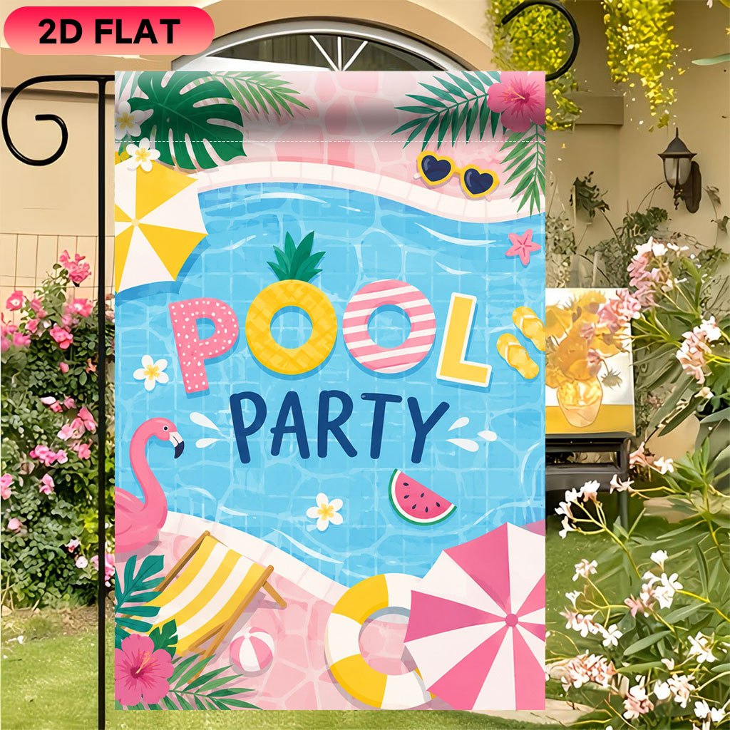 TEMU 2d Flat, 2d Flat Garden Flag 1pc, Pool Party, Durable Polyester, Single-sided Printing, Suitable For Outdoor, Porch, And Patio Decorations. No