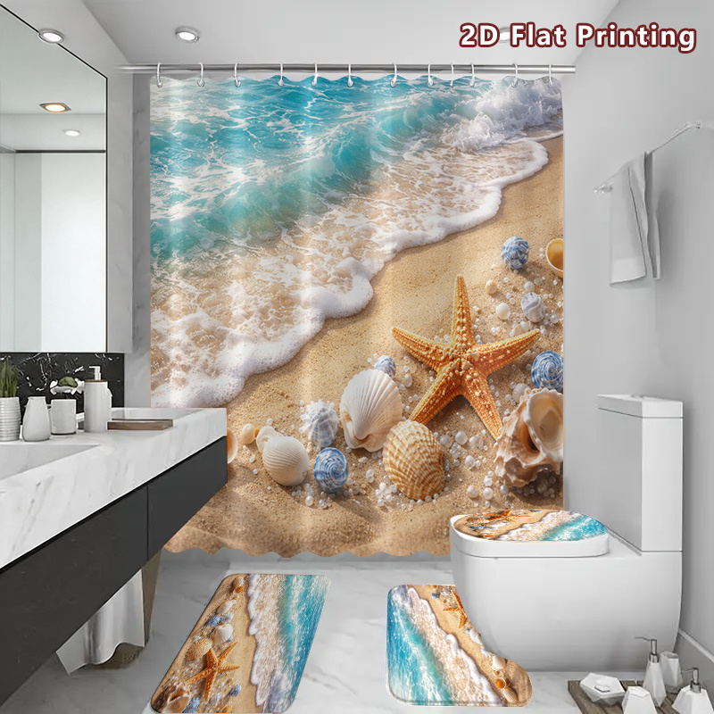 4pcs Coastal Beach Shower Curtain & Bath Mat Set with Hooks, Turquoise Ocean Wave