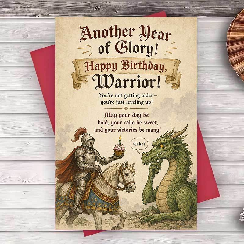 TEMU 1 Envelope And 1 Greeting Card Funny Medieval Knight Birthday Greeting Card For Men Fantasy Dragon Theme Flat Card For Husband Boyfriend Friend