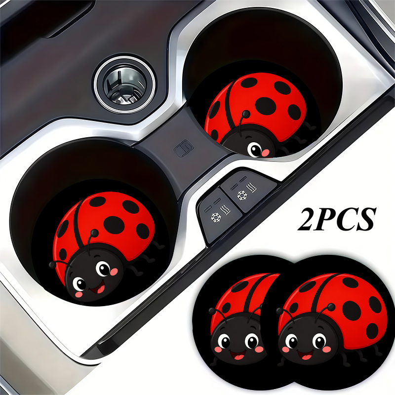 TEMU 2pcs Cute Cartoon Red Black Spotted Ladybug Cup Holder Coaster, Car Interior Decor, Vehicle Accessory, Non-slip Vehicle Beverage Mat For Woman